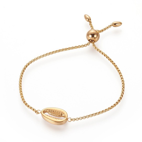 304 Stainless Steel Bolo Bracelets, Slider Bracelets, with Box Chains, Cowrie Shell Shape