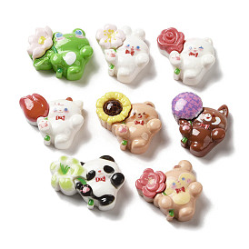Rabbit/Cat Shape/Sheep/Bear/Red Panda/Panda/Deer/Frog Opaque Resin Decoden Cabochons, Animal with Flower