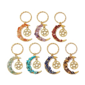 7Pcs 7 Styles Chakra Theme Moon & Star Alloy Gemstone Keychain, with Iron Split Key Rings