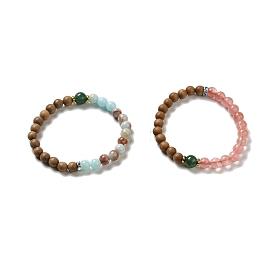 Sandalwood and Gemstone Beaded Stretch Bracelets, with Alloy and Glass Rhinestone Beads