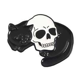 Alloy Enamel Brooches, Skull with Cat