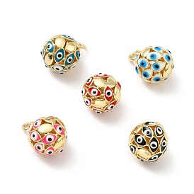 Brass Enamel Charms, with Jump Ring, Golden, Round with Evil Eye