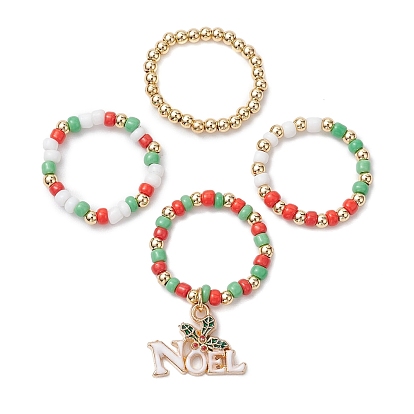 Наборы колец для растягивания стеклянных бусин на рождественскую тематику, латунные бусины и подвески из сплава кольца для женщин