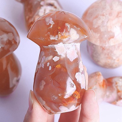 Natural Cherry Blossom Agate Carved Mushroom Figurines, for Home Desktop Decoration
