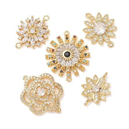 Brass Micro Pave Cubic Zirconia Connector Charms, Flower Links, Rack Plating, Long-Lasting Plated, Cadmium Free & Lead Free
