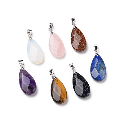 Gemstone Pendants, with Platinum Tone Brass Findings, Faceted, Teardrop Charm