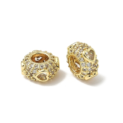 Латунь микропаве прозрачный кубический цирконий европейский бисер, бусины с большим отверстием, плоско-круглые с сердцем, ионное покрытие (ip), долговечный, без свинца и без кадмия