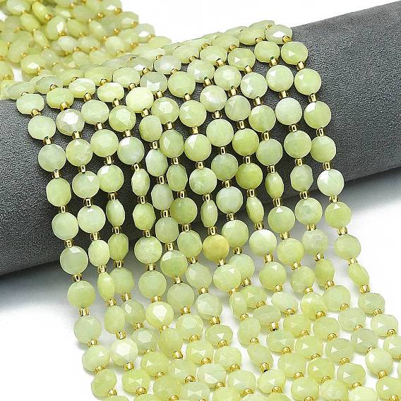 Натуральные нефритовые бусины, цвет лимона , граненый шестиугольный разрез, плоско-круглые, с бисером