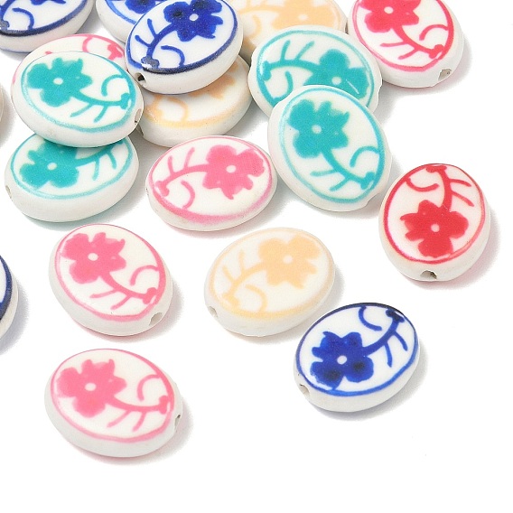 Perles de porcelaine à la main imprimés, ovale avec des fleurs