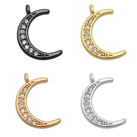 Brass Micro Pave Clear Cubic Zirconia Charms, Moon