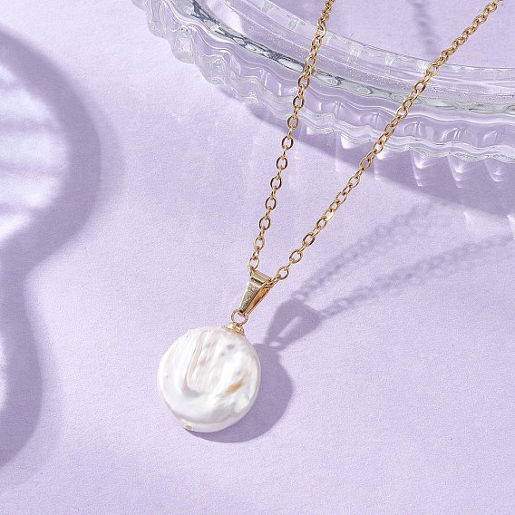 Подвеска из натурального барочного жемчуга кеши, плоская круглая 304 Цепочка из нержавеющей стали, белые