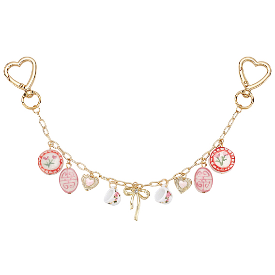 1Pc Oval Porcelain & Brass & Alloy Pink Bowknot Charm Paperclip Chain Bag Decorative Chains, with Heart Swivel Clasps, Bag Replacement Accessories
