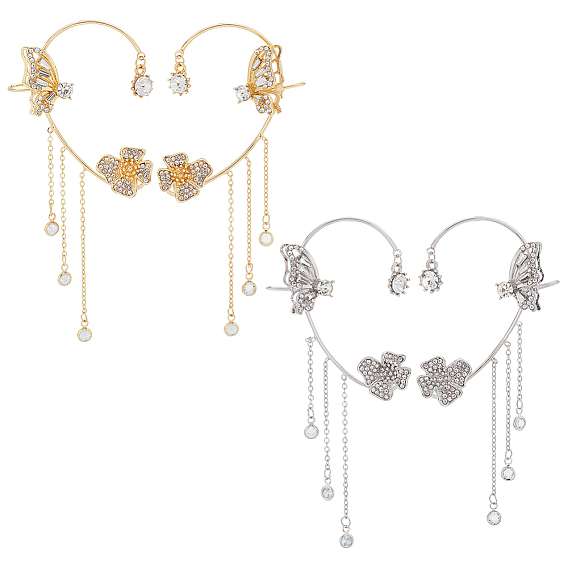 4 шт. 4 серьги-клипсы в виде бабочки и цветка с кристаллами и стразами, серьги-каффы с кисточками из сплава для женщин