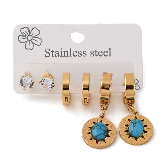 304 Комплект из плоских круглых сережек-гвоздиков и колец из нержавеющей стали для женщин, со стразами и малахитом