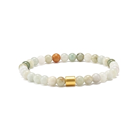 Natural Jadeite Round Beaded Stretch Bracelet with Column Synthetic Hematite, Gemstone Jewelry for Women
