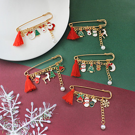 Christmas Pin Brooch with Santa Claus Pendant Tassel Pearl Coat Decoration