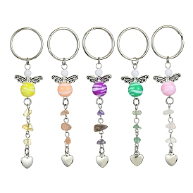 Gemstone Chip & Alloy Heart Pendant Keychain with Acrylic Beads, for Car Key Bag Ornament