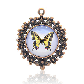 Alloy Glass Pendants, Flat Round with Butterfly Pattern, Nickel Free, 49x41x6mm, Hole: 3mm