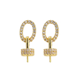 Rack Plating Brass Micro Pave Clear Cubic Zirconia Stud Earrings Findings, with Pin Bails, Long-Lasting Plated, Lead Free & Cadmium Free, Oval