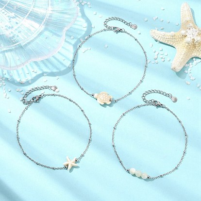 3шт. 3 стили: браслеты на лодыжку из синтетической ткани, окрашенной в морской цвет, в виде морской звезды и круглой белой ракушки., 304 женские украшения из нержавеющей стали, цветочный белый
