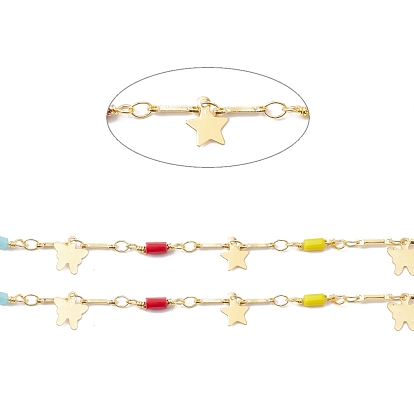 Handmade Eco-friendly Brass Butterfly & Star Charms Chain, with Glass Rectangle Beaded, Real 18K Gold Plated, Lead Free & Cadmium Free, Soldered, with Spool