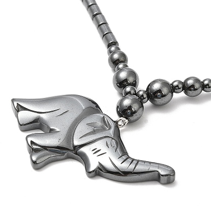 Synthetic Non-magnetic Hematite Elephant Pendant Necklace with Beaded Chains