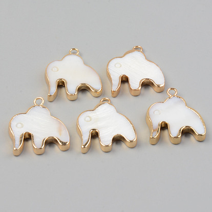 Electroplate Natural Freshwater Shell Pendants, with Golden Brass Findings, Elephant