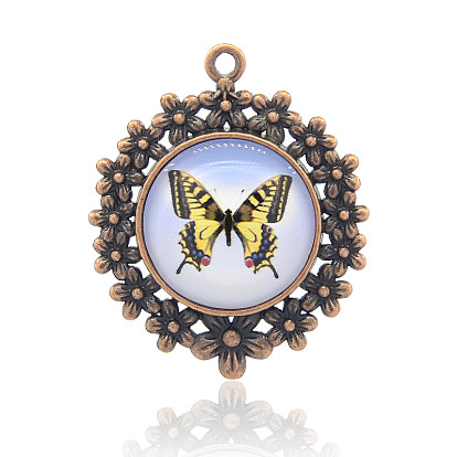 Alloy Glass Pendants, Flat Round with Butterfly Pattern, Nickel Free, 49x41x6mm, Hole: 3mm
