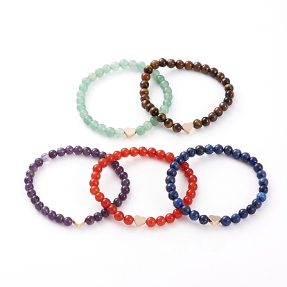 Round Natural Gemstone Beads Stretch Bracelets, with Brass Heart Beads, Golden