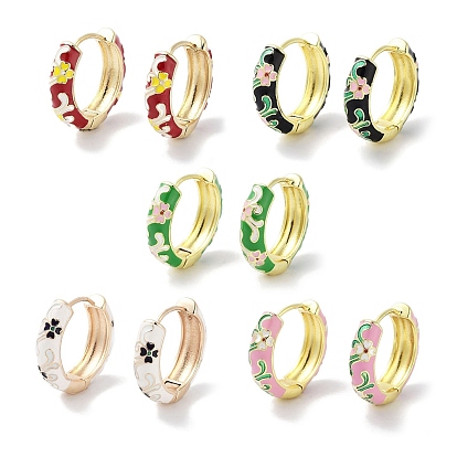 Golden Brass Enamel Flower Print Hoop Earrings for Women