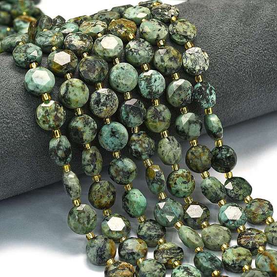 Бусы натуральная африканская бирюза (яшма), граненый шестиугольный разрез, плоско-круглые, с бисером