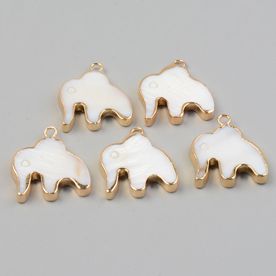 Electroplate Natural Freshwater Shell Pendants, with Golden Brass Findings, Elephant