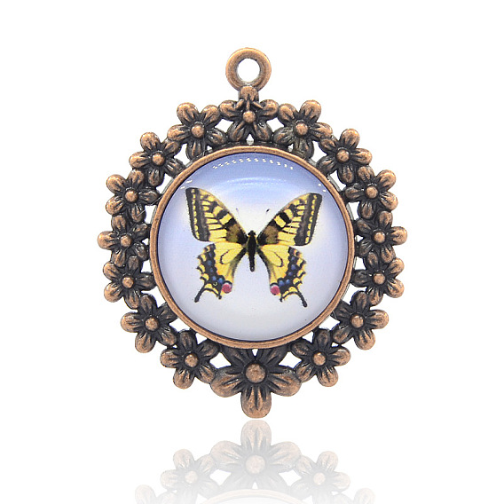 Alloy Glass Pendants, Flat Round with Butterfly Pattern, Nickel Free, 49x41x6mm, Hole: 3mm
