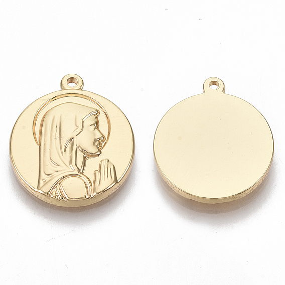 304 Stainless Steel Pendants, Flat Round with Praying Virgin Mary
