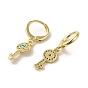 Key with Evil Eye Real 18K Gold Plated Brass Dangle Leverback Earrings, with Enamel and Cubic Zirconia