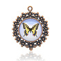Alloy Glass Pendants, Flat Round with Butterfly Pattern, Nickel Free, 49x41x6mm, Hole: 3mm