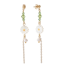 Sunflower Natural Shell Beads with Long Tassel Dangle Stud Earrings for Her, Beaded Drop Earrings, Golden