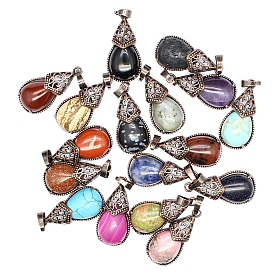 Ретро полые подвески из натуральных и синтетических драгоценных камней, подвески в форме капли с металлической фурнитурой из красной меди