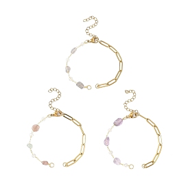 304 изготовление браслета-цепочки из нержавеющей стали со скрепками, с бусинами из натуральных камней и латунной фурнитурой, золотые