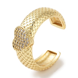 Rack Plating Brass Pave Clear Cubic Zirconia Open Cuff Rings, Cadmium Free & Lead Free, Long-Lasting Plated, Heart