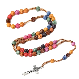 Plastic Flower Pendant Necklaces, Corss with Jesus, Rosary Bead Necklaces for Women