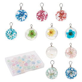 30 шт 15 цвета прозрачные стеклянные подвески, с засушенным цветком внутри и фурнитурой из нержавеющей стали, плоско-круглые