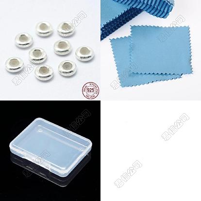 10Pcs Rondelle 925 Sterling Silver Rondelle Beads, with Rubber, Slider Beads, with 1Pc Suede Fabric Square Silver Polishing Cloth