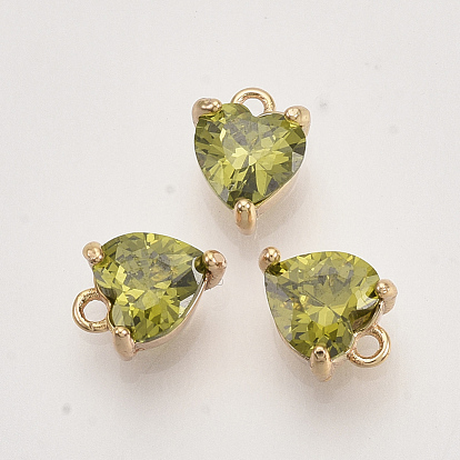Brass Cubic Zirconia Charms, Nickel Free, Heart, Faceted, Real 18K Gold Plated