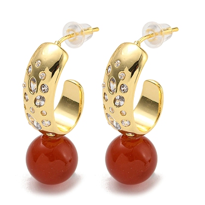 Natural Red Agate Stud Earrings, with Brass Findingds for Women, Round