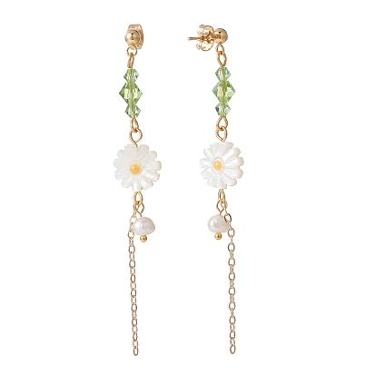 Sunflower Natural Shell Beads with Long Tassel Dangle Stud Earrings for Her, Beaded Drop Earrings, Golden