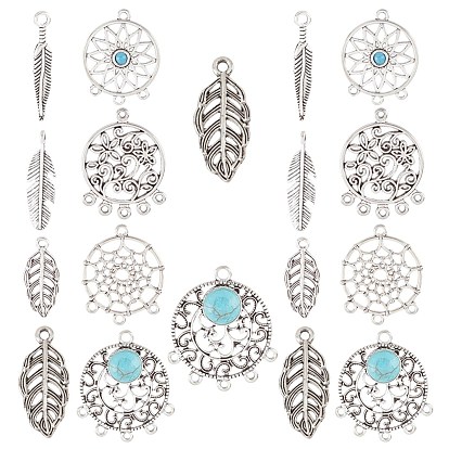 104шт 6 стиль тибетский стиль люстры компоненты ссылки, без свинца и без кадмия, плоский круглый с паутиной и листом