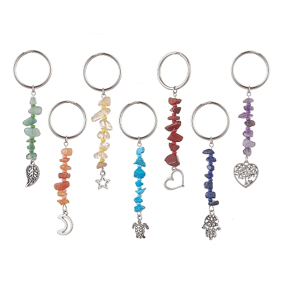 Llaveros de chip de piedras preciosas de chakra con cuentas de semillas de vidrio, Llaveros con dijes de hoja, luna, estrella y corazón de aleación