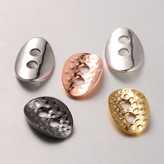 Brass Buttons, 2-Hole, Hammered Oval, 14x10x1mm, Hole: 2mm