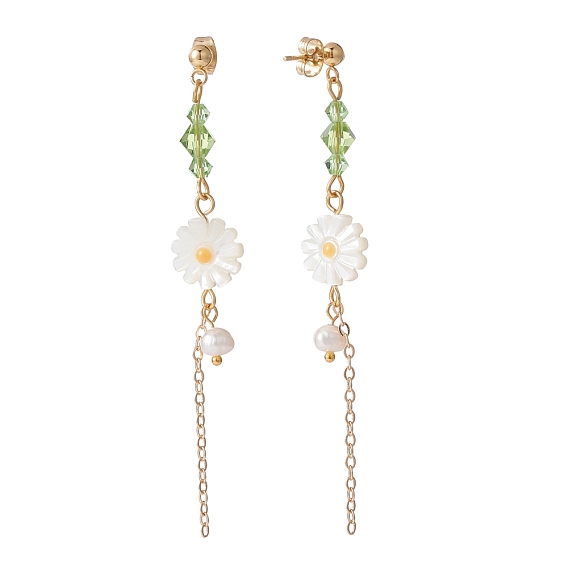 Sunflower Natural Shell Beads with Long Tassel Dangle Stud Earrings for Her, Beaded Drop Earrings, Golden
